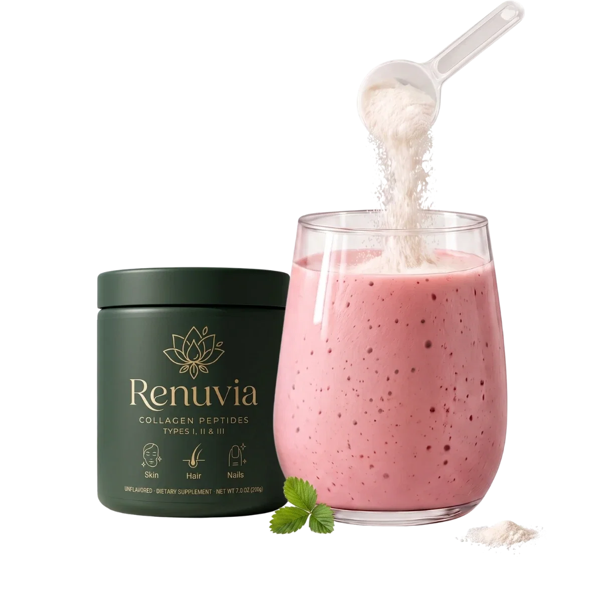 Renuvia tub with a scoop of powder being poured into a smoothie